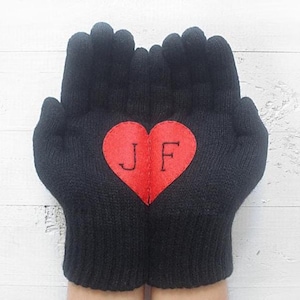 Personalized Anniversary Gift: Black Winter Gloves with Red Heart and Initials