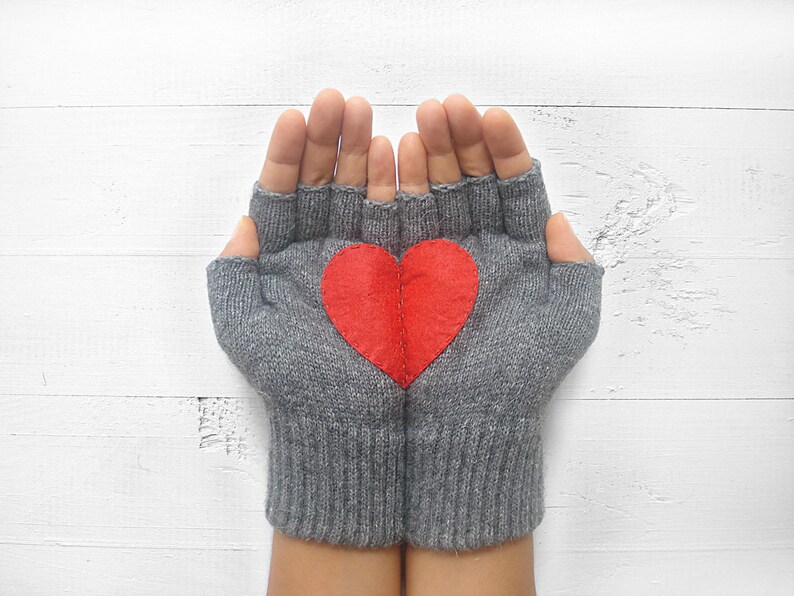 Fingerless Mittens, Texting Gloves, Women Gloves, Valentines Day Gift, Heart Mittens, Unique Item, Knit Gifts Woman, Handmade Clothing image 1