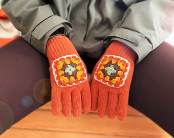 Orange Granny Square Gloves, Valentines Day Gift For Her, Cozy Winter Style Gift