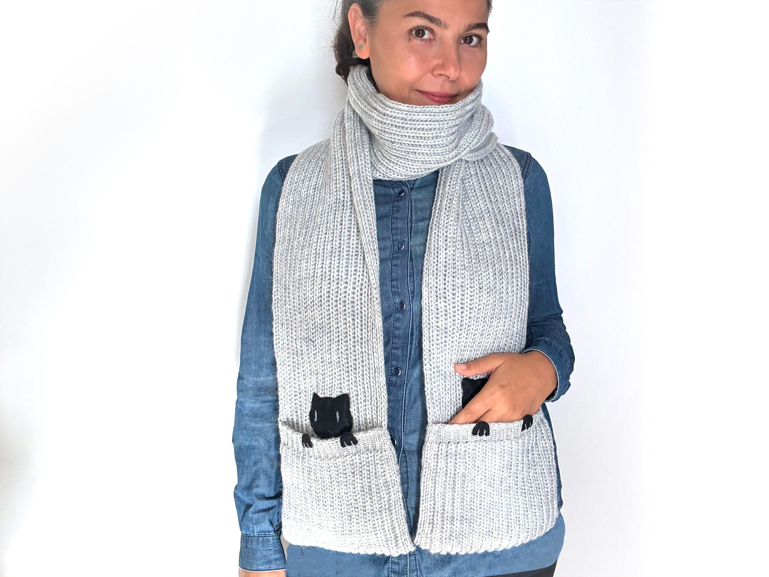 Wool Navy Pocket Scarf with Cats: Mothers Day Gift, Spring Style Gifts