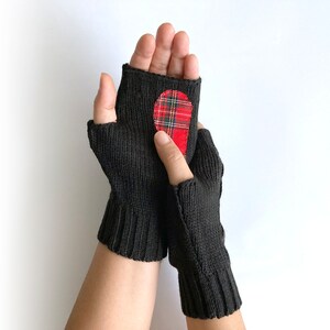 Black Fingerless Gloves, Tartan Heart, Women Mittens, Woman Clothing, Valentines Day Gifts, Heart Mittens, Handmade Gift, Best Gift For Her image 4