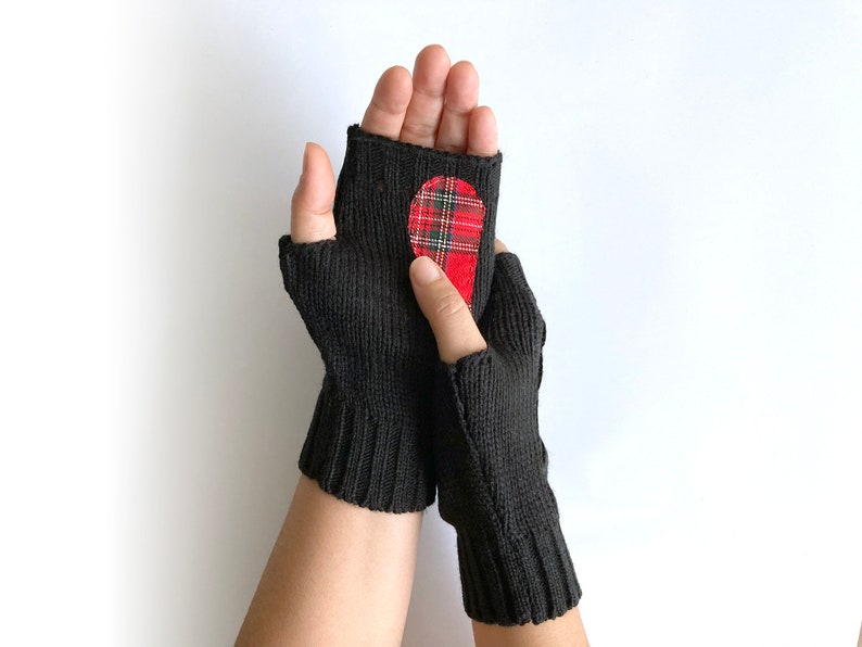 Black Fingerless Gloves, Tartan Heart, Women Mittens, Woman Clothing, Valentines Day Gifts, Heart Mittens, Handmade Gift, Best Gift For Her image 4