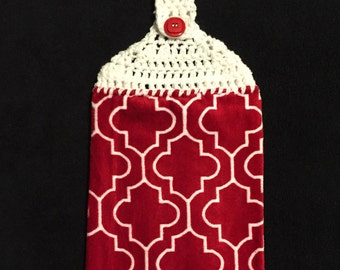Crocheted  Top Dish Towel - Red and White