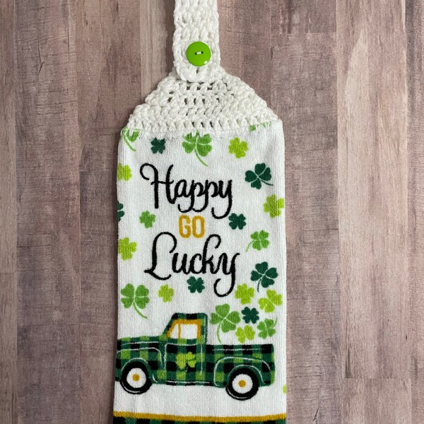 Crocheted Top Dish Towel - St. Patrick's Day Happy Go Lucky Shamrock Truck