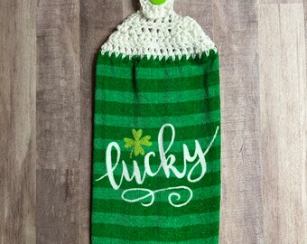 Crocheted Top Dish Towel - St. Patrick’s Day Green Stripe Lucky Shamrock