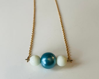 Upcycled Vintage Necklace Gold Tone Chain Blue and White Glass Beads