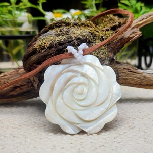 White Rose Mother of Pearl Shell Necklace • Etched Flower Design • Vintage Fashion Jewelry Gift