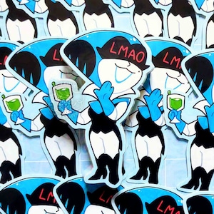 May include: A stack of blue and black stickers featuring a cartoon character with a pirate hat and the text "LMAO" holding a green drink.