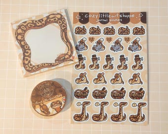 Ball Python Themed Stationery Set - Memopad, Sticker Sheet, Washi Tape for Journals, Planners, Scrapbooking, Decoration