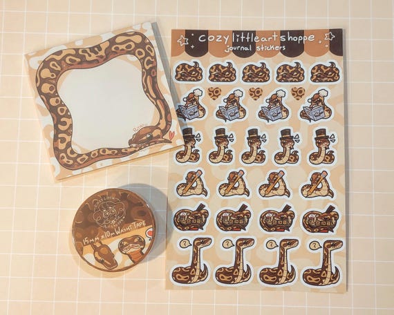 Ball Python Themed Stationery Set - Memopad, Sticker Sheet, Washi Tape for Journals, Planners, Scrapbooking, Decoration