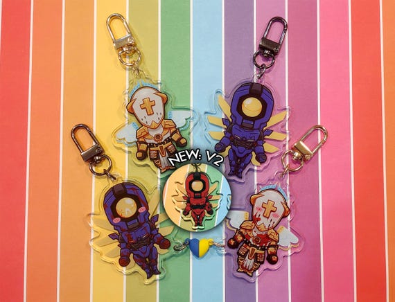 Gabriel, V1, V2, and Gabv1el Heart Magnet Acrylic Charm Keychains (ULTRAKILL)