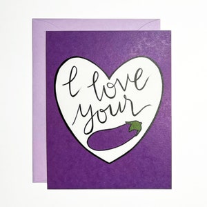 Carte de voeux • J'aime vos aubergines • Carte d'amour drôle avec lettres manuscrites juste parce que anniversaire ami partenaire pour lui