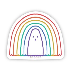 May include: A white sticker featuring a cartoon ghost inside a rainbow. The rainbow arches over the ghost in red, orange, yellow, green, blue, and purple. The sticker has the text "draftpaper.co" at the bottom.