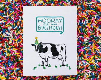 Greeting Card • Hooray It’s Your Birthday! Cow • Illustrated Cow With Party Hat