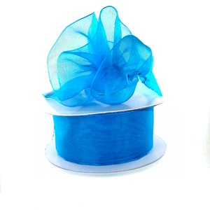 Blue Turquoise Organza 1.5" (38mm) Pull String Ribbon Ruffled Bows 25 yards (22.8m) Roll