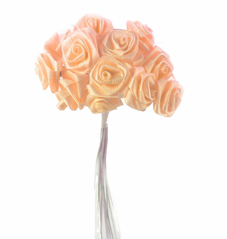 144 Peach 12 Ribbon Rose Craft Flowers Wedding Decor White Stem