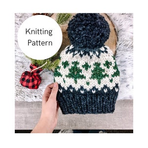 Puede incluir: Patrón de tejido para un gorro de invierno azul, blanco y verde con un pompón en la parte superior.