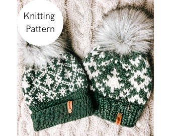 Snowy Evergreen Beanie Pattern, knitted hat pattern, knit beanie pattern, womens knit hat pattern, winter hat pattern