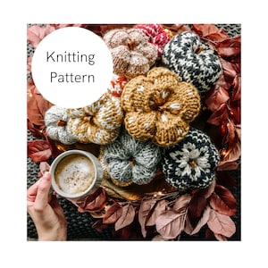 May include: Knitted pumpkins in various colors and patterns, including brown, white, gray, and black, with a cup of coffee in the foreground. The text "Knitting Pattern" is displayed in a white circle.