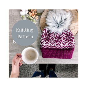 May include: Knitting pattern for a purple and white hat with a white pom pom. The hat is on a wooden surface with a cup of coffee and a sprig of greenery.