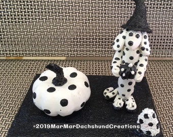 Halloween/Fall black and white "Polka Doxx" Dachshund /Doxie witch figurine