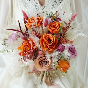 Rust and Sage Green Wedding Bridal n Bridesmaid Bouquet,Burnt Orange & Ivory White Pampas Bouquet,Autumn Silk Flower Wedding Bouquet,Wedding