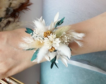 Corsage da polso/Corsage/Corsage da matrimonio/Corsage di fiori secchi/Corsage da donna/Corsage di erba della pampa/Braccialetto di fiori/Corsage fatti a mano