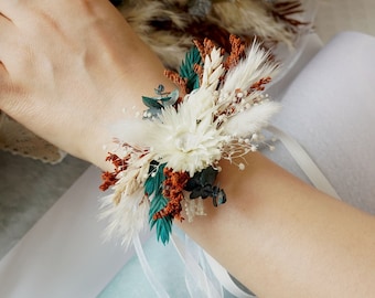 Corsage da polso/Corsage/Corsage da matrimonio/Corsage di fiori secchi/Corsage da donna/Corsage di erba della pampa/Braccialetto di fiori/Corsage fatti a mano