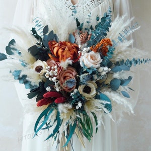 Gebrannte Orange Hochzeit, Blauer Hochzeitsstrauß, Brautstrauß, Trockenblumenstrauß, Pampasgrasstrauß, Hochzeitsdekoration, Seidenblumenstrauß