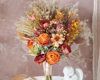 Bouquet de mariage orange rouille, bouquet de mariée poussiéreux, bouquet de demoiselle d'honneur, bouquet de fleurs séchées, bouquet d'herbe de la pampa, bouquet de fleurs artificielles