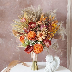 Rust Orange Wedding Bouquet,Dusty Bridal Bouquet,Bridesmaid Bouquet,Dried Flower Bouquet,Pampas Grass Bouquet,Artificial Flowers Bouquet