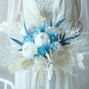 Dusty Blue and White Wedding Bouquet,Boho Wedding bouquet,Bridal bouquet,Dried flower,Pampas Grass bouquet,Artificial wedding bouquets