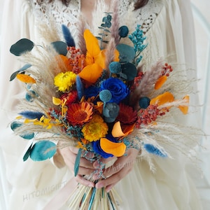 Burnt Orange Wedding,Blue Bridal Bouquet,Boho Wedding,Bridal Bouquet,Wedding Bouquet, Bridesmaid Bouquet,Pampas Grass Bouquet