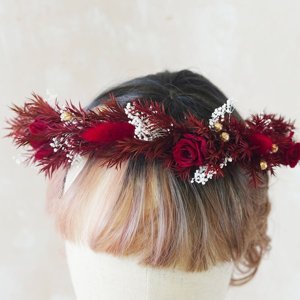 Couronne de fleurs de Bourgogne/accessoire de cheveux de mariée rouge profond/couronne de fleurs florales de mariage délicat/couronne de fleurs séchées/coiffe de mariée/diadème de mariage