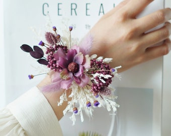 Purple Wrist Corsage/Corsage/Wedding Corsage/Dried Flower Corsage/Lady Corsage/Pampas Grass Corsage/Bridesmaid Bracelet/Handmade Corsage