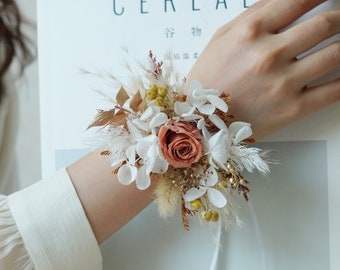 Pink Rose Wrist Corsage/Corsages/Wedding Corsages/Dry Corsages/Groomsman Corsages/Pampas Grass Corsages/Flower Bracelet/Handmade Corsages