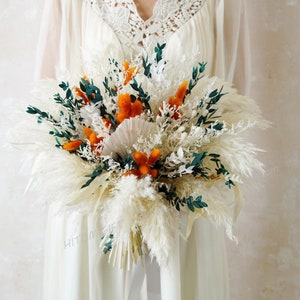 Orange and Green Eucalyptus Leave Wedding bouquet,Bridal bouquet,Dried flower bouquet,Pampas Grass bouquet,Natural flower,Wedding decoration
