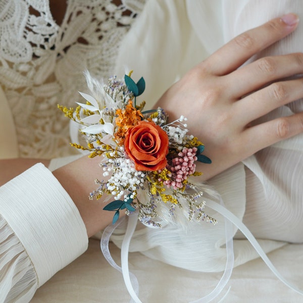 Autumn Terracota Wedding/Burnt Orange Corsage/Wedding Corsage/Dried Flower Corsage/Bridal Corsage/Corsage/Flower Bracelet/Handmade Corsage