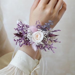 Purple Corsages/Wedding Corsages/Purple and White Wrist Corsages//Dry Flower Corsages/Ladies Corsages/Wedding Bracelet /Handmade Corsages