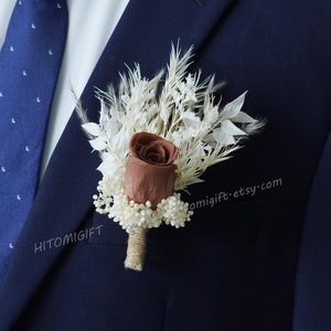 Brown Rose Boutonniere/Wedding Boutonniere/Dry Flower Boutonniere/Pampas Grass Arrangement/Dried Boutonniere/Bridegroom Boutonniere