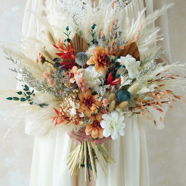 Ramo de boda naranja, ramo de boda de flores de seda de otoño, ramo de novia, ramo de flores secas, ramo de boda estilo naranja, flor de decoración del hogar