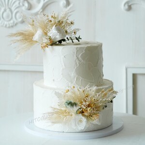 Topper per torta nuziale - Topper per torta con rosa bianca - Topper per torta con fiori secchi - Topper per torta per feste - Topper per torta - Topper per torta con erba della Pampa