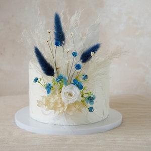 Decorazione per torta nuziale a forma di fiore di seta, decorazione per torta nuziale a forma di rosa, decorazione per torta blu, decorazione per torta con ghirlanda boho