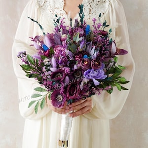 Flieder Lila Mauve Hochzeitsstrauß, lila Hochzeitsstrauß, Trockenblumenhochzeit, künstliche Blumen-Brautstrauß, Boho-Hochzeitsstrauß
