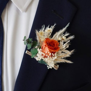 Dried Rose Lapel Pin,Wedding Boutonniere,Groom&Groomsmen Lapel Pin,Green Eucalyptus and Burnt Orange Rose Boutonniere,Autumn Wedding
