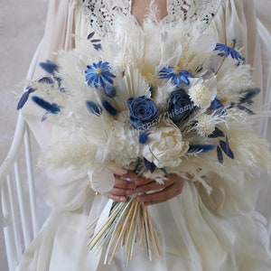 Dusty Blue/White Bouquet,Flower Girl Bouquet,Blue Wedding Bouquet,Boho Bouquet,Artificial Flower Bouquet,Blue Bouquet,Pampas Grass Bouquet