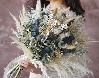 Blue Wedding bouquet,Bridal bouquet,Bridesmaid Bouquet,Dried flower bouquet,Pampas Grass bouquet,Natural flower decor,Wedding decoration