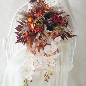 Autumn Rustic Silk Flower Wedding Bouquet,Rust Color Bouquet,Bride Bouquet,Bridesmaid Bouquet,Burnt Orange Flower & Pampas Bouquet