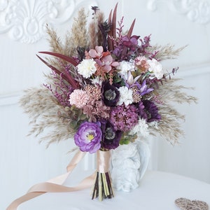 Purple Wedding Bouquet,Bridal Bouquet,Bridesmaid Bouquet,Dried Flower Bouquet,Artificial Flowers Bouquet,Pampas Grass Bouquet,Purple Bouquet