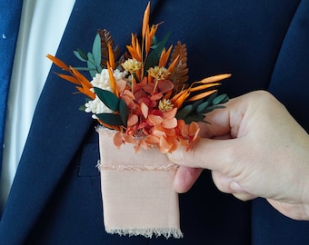 Green + Burnt Orange Pocket Boutonniere/Orange Rose Boutonniere/Groom Boutonniere/Wedding Boutonniere/Dried Boutonniere/Mini Flower Bouquet